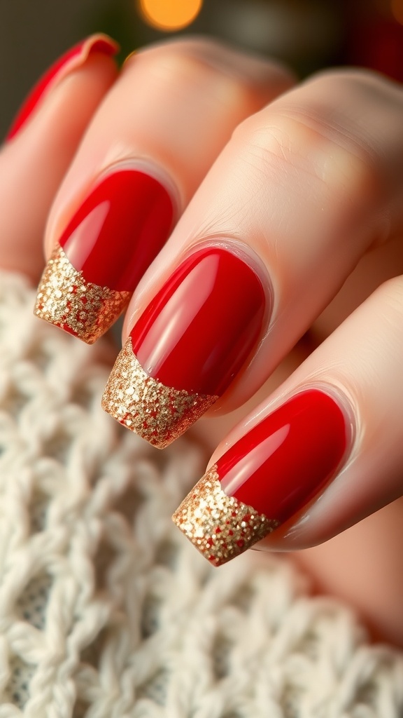 Classy Christmas nails with red base and gold glitter tips, elegantly displayed.